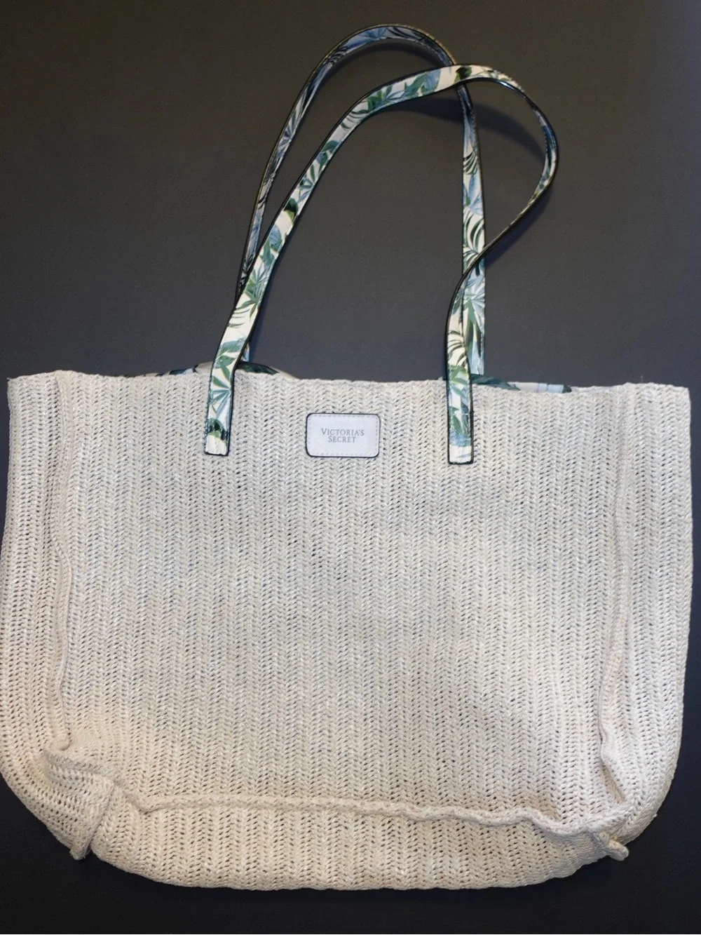 Victoria's Secret Cream Woven Tote with Tropical-Print Handles